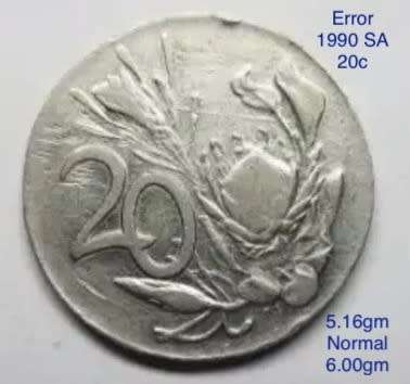 Rare Error 1990 SA 20 cents. Extra light, error on Protea and on Coat of Arms. 5.16gm. Normal 6.00gm