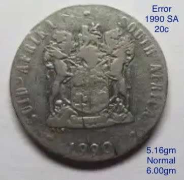 Rare Error 1990 SA 20 cents. Extra light, error on Protea and on Coat of Arms. 5.16gm. Normal 6.00gm