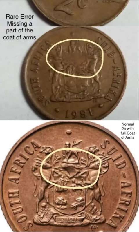 Rare Error 1981 SA 2c. Missing a part of it`s Coat of Arms