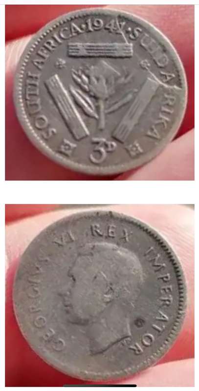 Rare big die error 1941 SA 3d tickey.