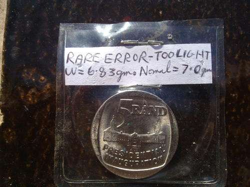 Rare too light 1994 Mandela Inauguration R5 coin. Too light. VERY rare to weigh so much less.