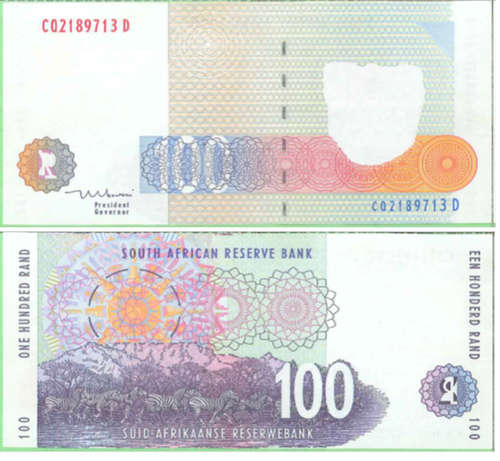 Many errors R100 Tito Mboweni note. Front ink light, missing Buffalo, sheep, landscape. Top condion.