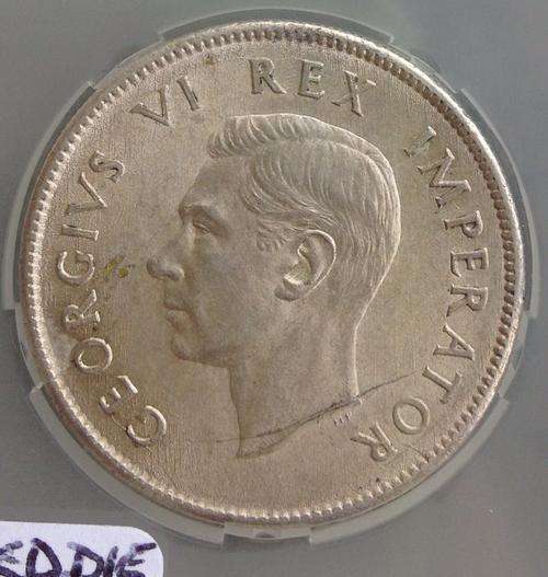 1942 SA Florin. Rare error cracked die below head on neck. Graded AU55.