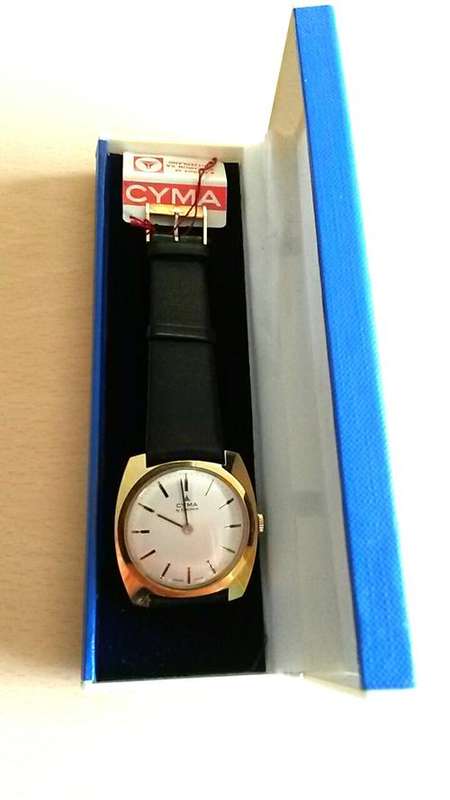Rare Cyma Swiss made, vintage stock, never used watch with box, original strap and tag.