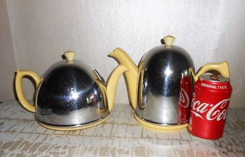 Art Deco Ceramic Teapot and Coffee with Insulated Chrome Cosy. Lovely yellow