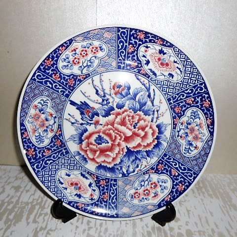Large Hand decorated Yamaguchi Imperial Imari Plate in blues and pink peoni flowers.