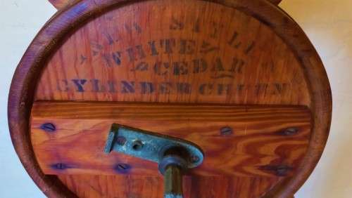 ANTIQUE, WHITE CEDAR CYLINDER BUTTER CHURN, 3 GALLON