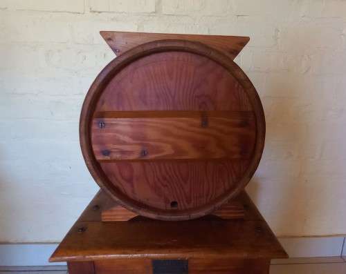 ANTIQUE, WHITE CEDAR CYLINDER BUTTER CHURN, 3 GALLON
