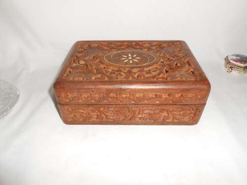 Carved Wooden Jewellery Box with Bone Inlay
