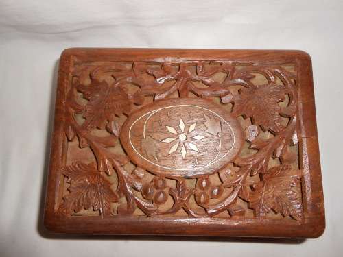 Carved Wooden Jewellery Box with Bone Inlay