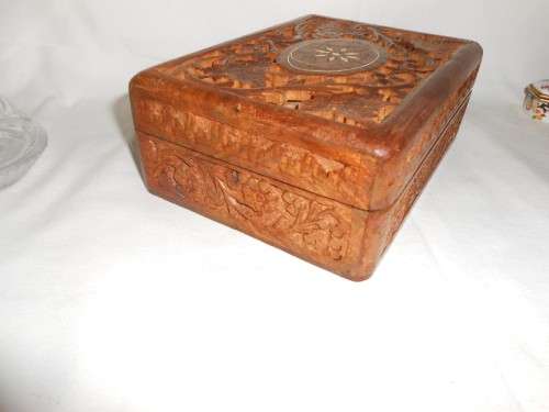 Carved Wooden Jewellery Box with Bone Inlay
