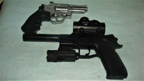 Dan Wesson Revolver & CZ 75 P07 Pistol,  Silencer, Scope, Torch, Steel BB Balls Airguns