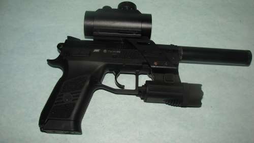 Dan Wesson Revolver & CZ 75 P07 Pistol,  Silencer, Scope, Torch, Steel BB Balls Airguns