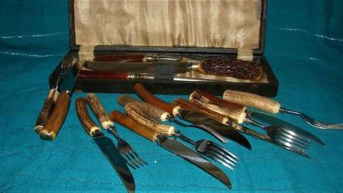 Sheffield John Radcliffe &Co Stag Antler Carving Set  Hand ground and Lewis Rose &Co 6x Knives and F