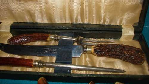 Sheffield John Radcliffe &Co Stag Antler Carving Set  Hand ground and Lewis Rose &Co 6x Knives and F