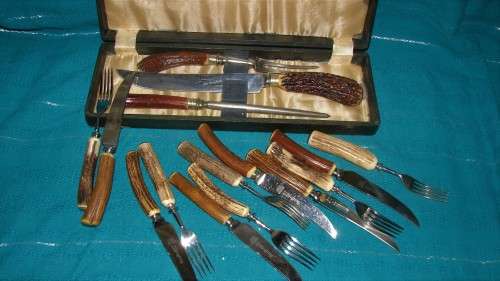 Sheffield John Radcliffe &Co Stag Antler Carving Set  Hand ground and Lewis Rose &Co 6x Knives and F