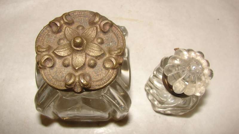 Pair of Desk Glass Inkwells. Pressed and Crystal  with Lids