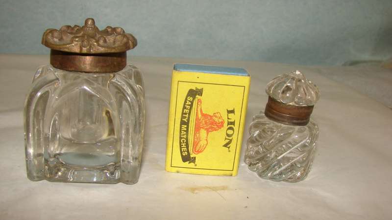 Pair of Desk Glass Inkwells. Pressed and Crystal  with Lids