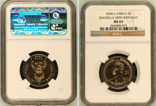 Only 10 available - 2008 Mandela Birthday R5 Coins MS65 - Very High Grade