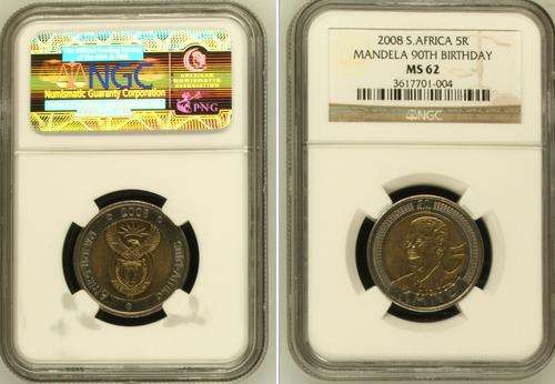 March it reached record price of R1100 -2008 Mandela Birthday  R5 Coins MS62 -Very Scarce Grade