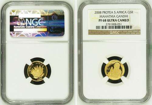 **2008 PROTEA MAHATMA GANDHI 1/10oz 24ct Gold** NGC PF68 Graded**