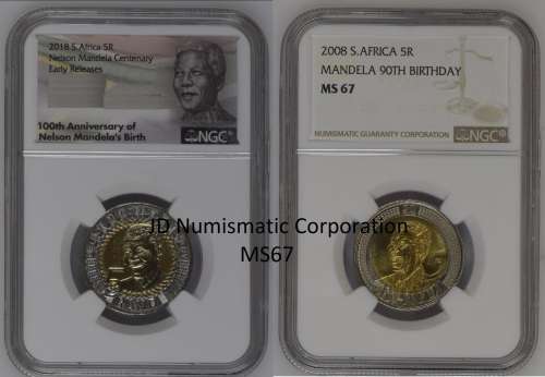 FIRST ON BOB - 90Year and 100Year - MS67 Set Mandela Birthday Coins 2008 & 2018