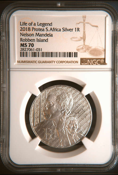 MS70 - FINEST KNOWN - Brand new From NGC - 2018 Silver Protea R1 Nelson Mandela Robben Island