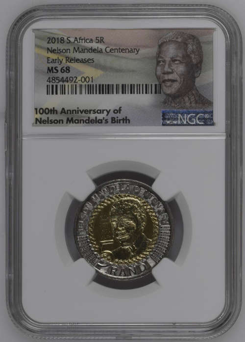 HOT LIMITED EDITION - MS68 - EARLY RELEASE LABELLED  2018 Mandela 100th Birthday Commemorative R5