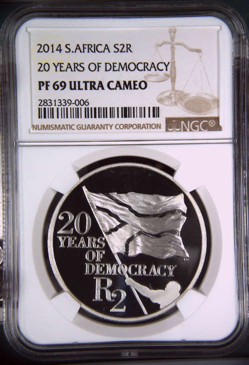 HOT - 2014 South Africa Silver R2 20 Years of Democracy PF69UC