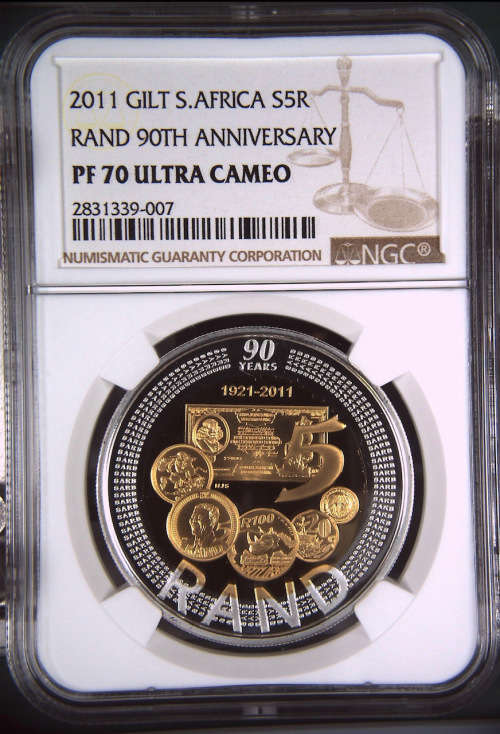 HOT - 2011 South Africa Silver R5 Rand 90th Anniversary  PF70UC