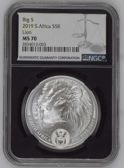 HOT - 2019 Silver R5 Big 5 Lion MS70 BLACK SLAB - Limited Edition Big 5 Wine with coin