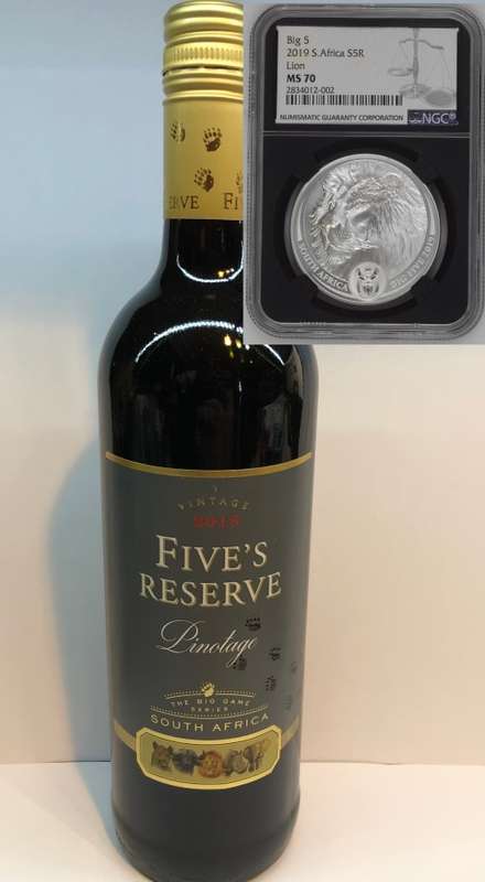 HOT - 2019 Silver R5 Big 5 Lion MS70 BLACK SLAB - Limited Edition Big 5 Wine with coin
