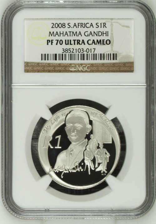 HOT - 2008 South Africa Silver R1 Mahatma Gandhi PF70UC