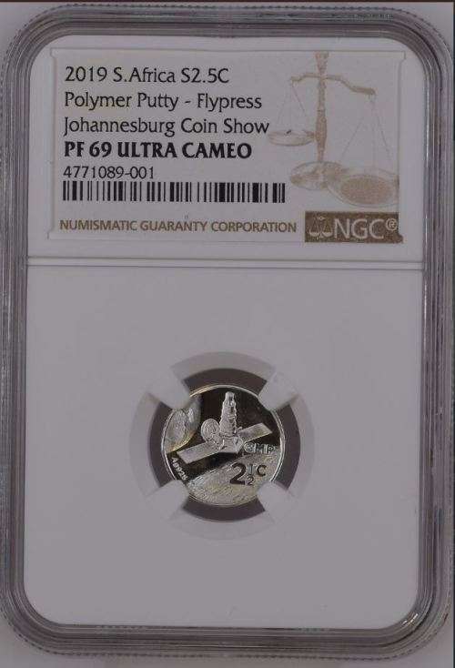HOT FROM NGC - 2019 S.Africa Polymer Putty - Flypress Johannesburg Coin Show S2.5C PF69UC