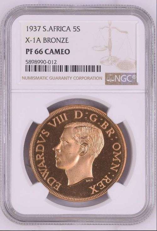 FINEST KNOWN - 1937 SOUTH AFRICA 5S X-1A BRONZE PATTERN PF66 CAMEO