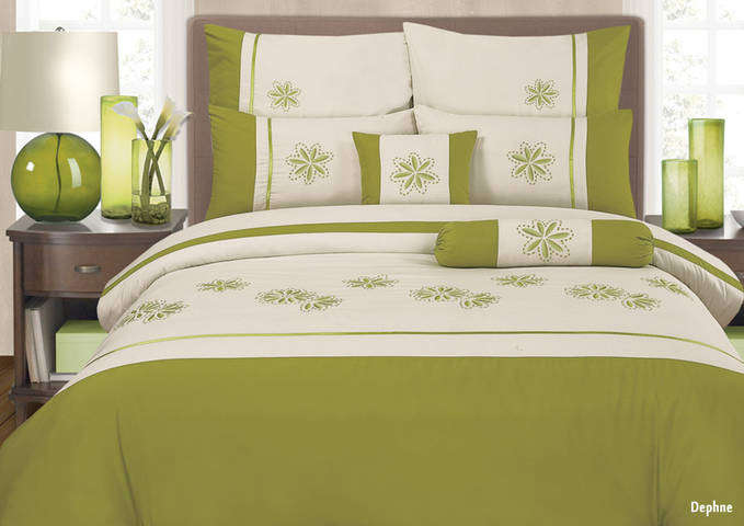 New: Dephney Duvet Set - Superior Quality, Cream/Limegreen 7pc: Super King