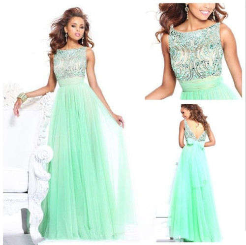 TO ORDER: Long Green High Collar Beaded Formal/Matric Farewell Gown