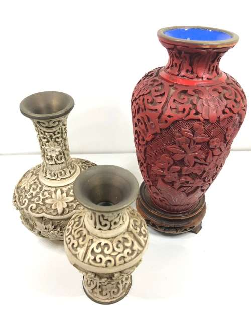A TRIO OF CHINESE CINNABAR LACQUERWARE