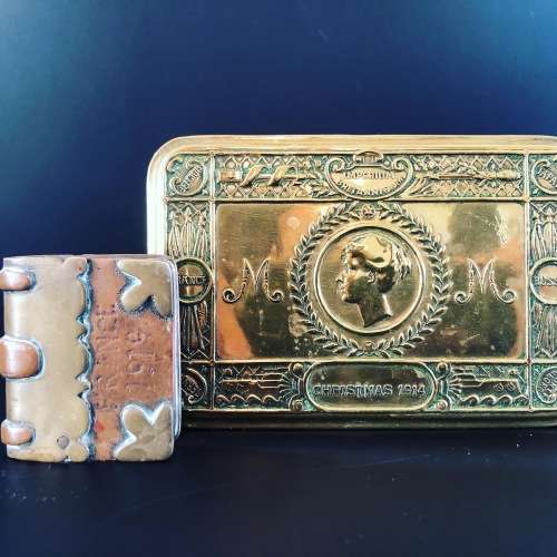 WW1 MILITARIA TRENCH ART LIGHTER AND SOLDIER`S CHRISTMAS TIN