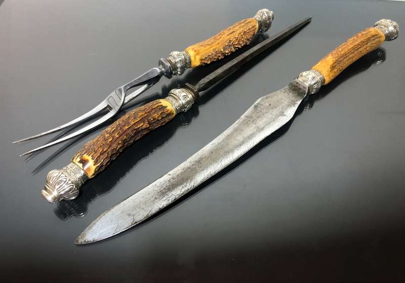 A Set of Carving Stag Horn Sterling Sliver Hallmarked