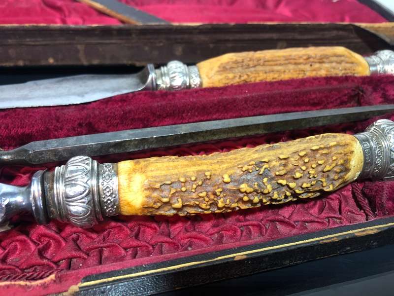 A Set of Carving Stag Horn Sterling Sliver Hallmarked