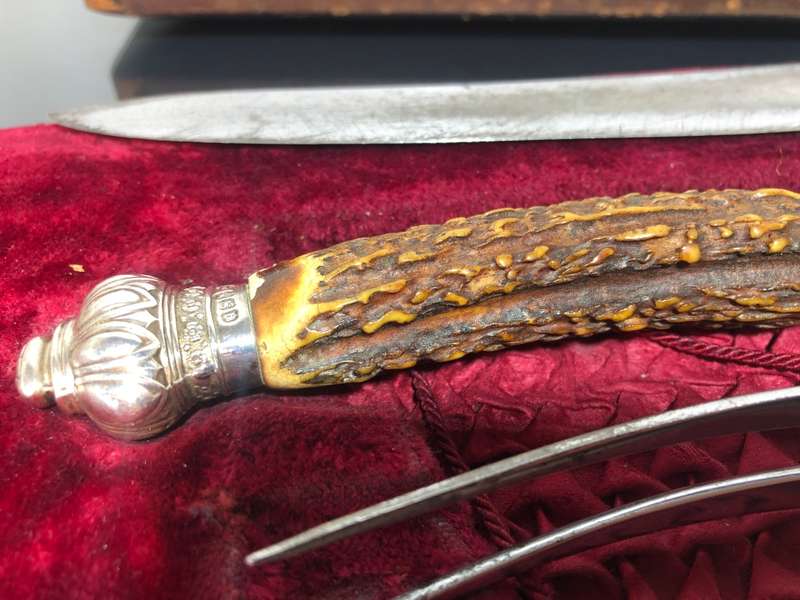 A Set of Carving Stag Horn Sterling Sliver Hallmarked