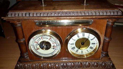 Antique MANTLE CLOCK & WEATHER BAROMETER in  frame with decorative mounts full working order with ke