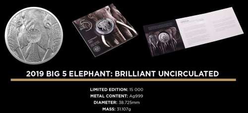 2019 Brilliant UNC Big SILVER Elephant R5 Coin