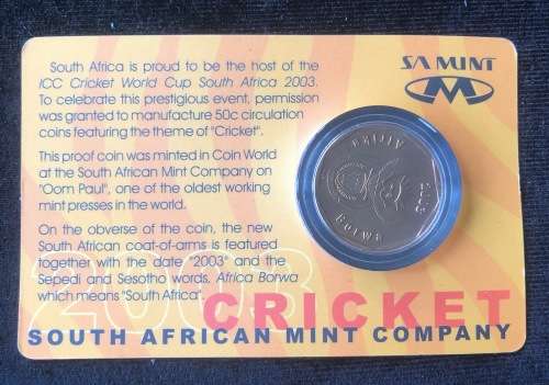 2003 Cricket World Cup 50c Coin on SA Mint Card