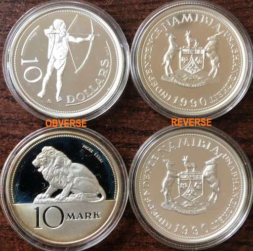 1990 Namibian Proof SILVER 10 Mark and 10 Dollar Pattern Coins (Set of 2)