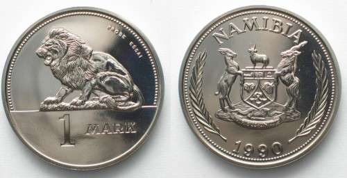 1990 Namibia UNC 1 Mark and 1 Dollar Pattern Coins (Set of 2)