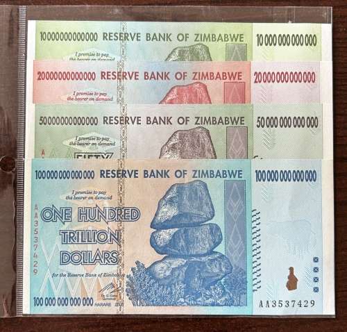 Zimbabwe $10 $20 $50 & $100 Trillion Dollar Banknote Set (UNC)