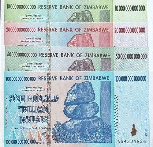 Zimbabwe $10 $20 $50 & $100 Trillion Dollar Banknote Set (UNC)