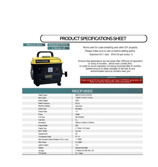 Generator Supersonic Petrol Generator 700W 2-Stroke Air-cooled 2-Stroke OP-950 DC BRAND NEW BOXED